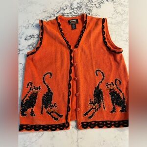 Studio Treat Vintage Halloween Cats Sequined Embellished SweaterVest Medium EUC